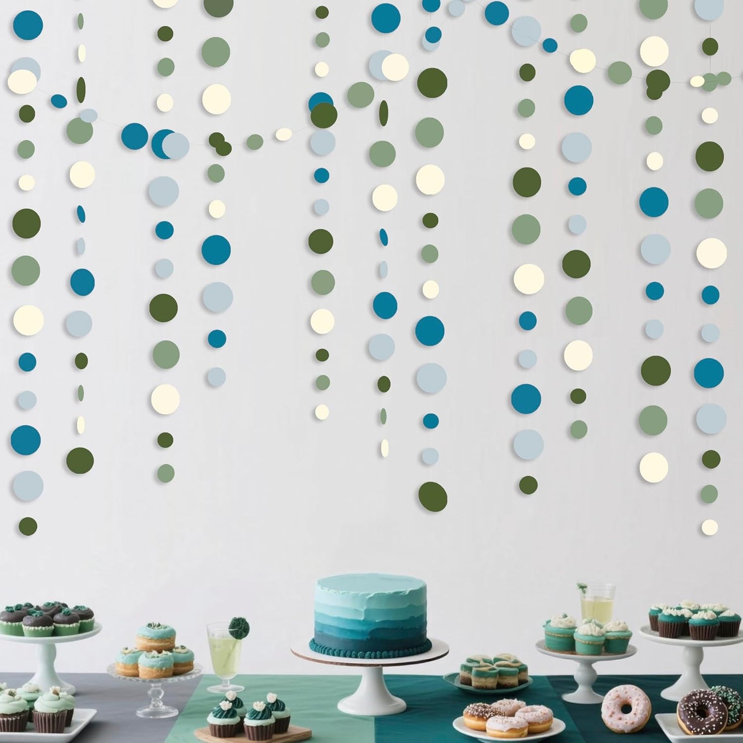 Sage Green and Dusty Blue Party Decorations Polka Dots Garlands Hanging Paper Circle Dots Streamer