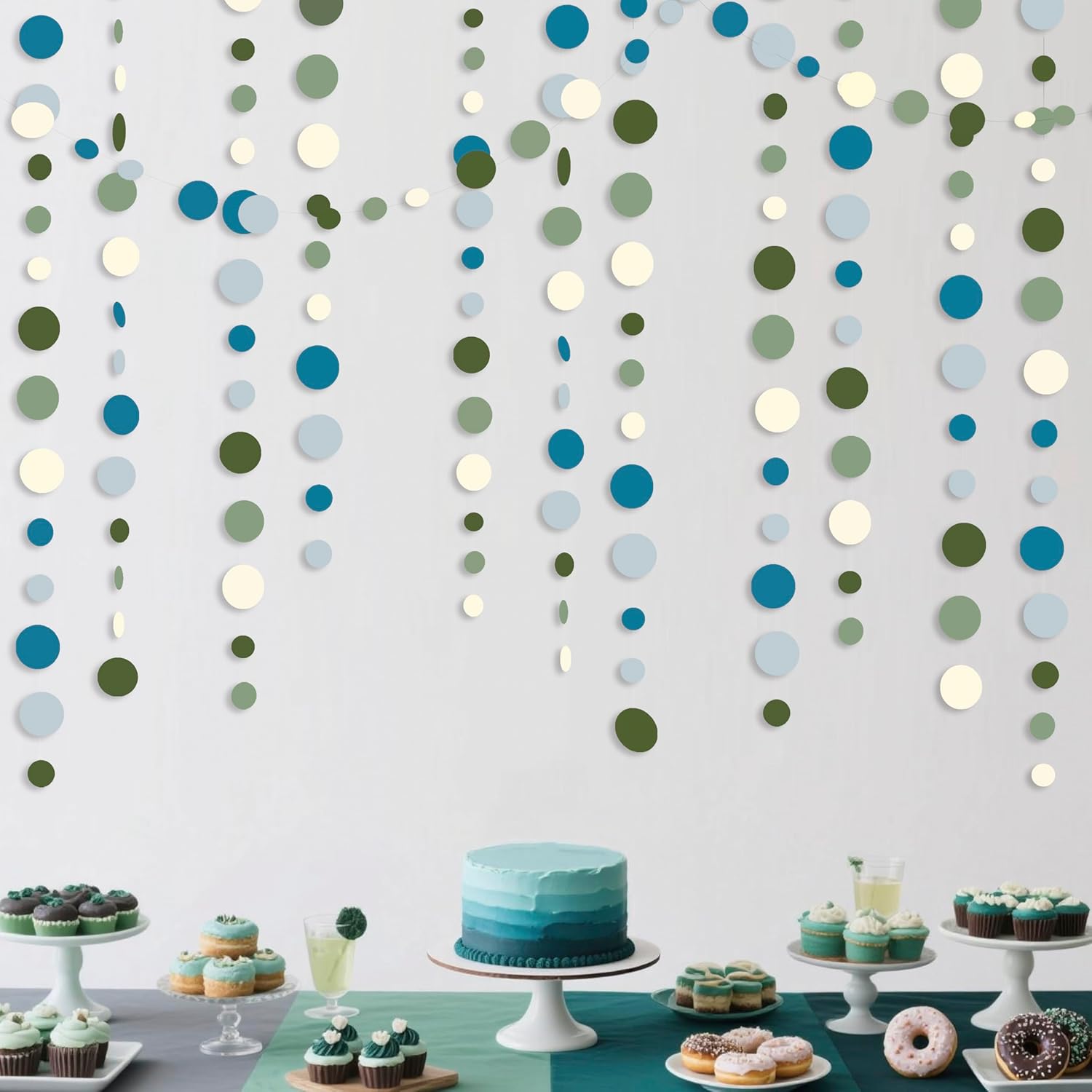 Sage Green and Dusty Blue Party Decorations Polka Dots Garlands Hanging Paper Circle Dots Streamer