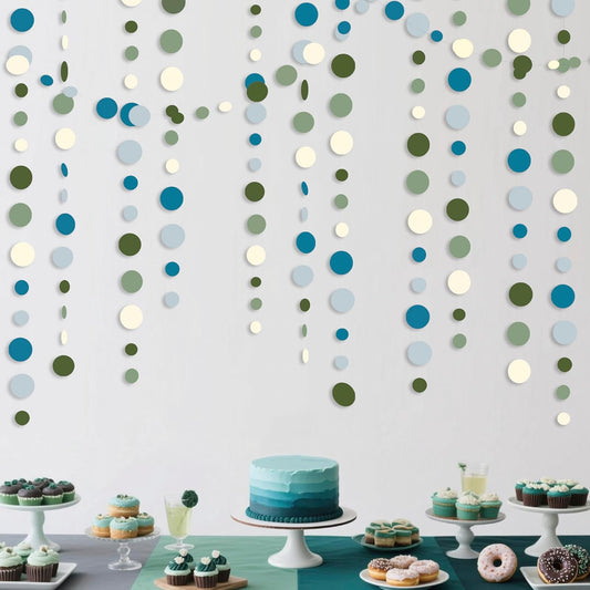 Sage Green and Dusty Blue Party Decorations Polka Dots Garlands Hanging Paper Circle Dots Streamer