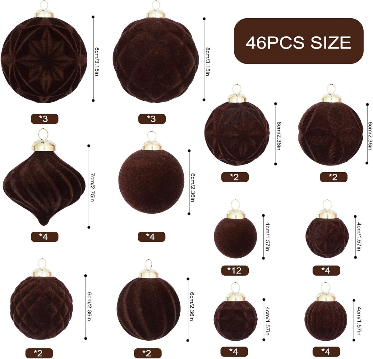 46PCS Velvet Christmas Ball Ornaments Set, Flocked Shatterproof Xmas Tree Decor, Assorted Hanging