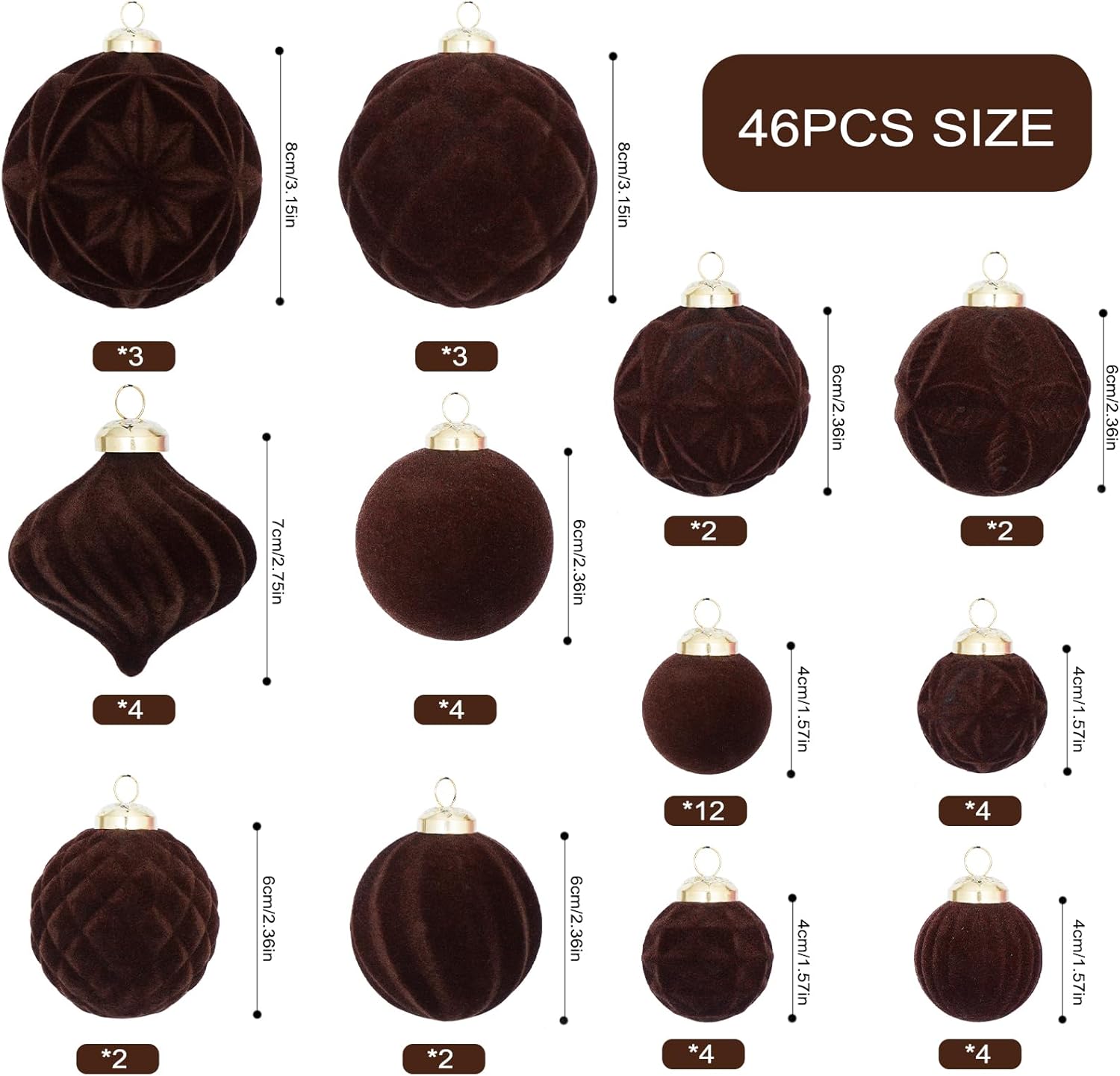 46PCS Velvet Christmas Ball Ornaments Set, Flocked Shatterproof Xmas Tree Decor, Assorted Hanging