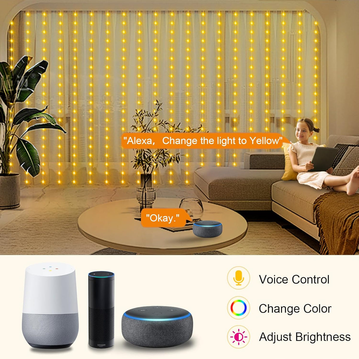 ZAIYW WiFi Smart RGB Color Changing Curtain Lights - 600 LED, Compatible with Alexa, App Control