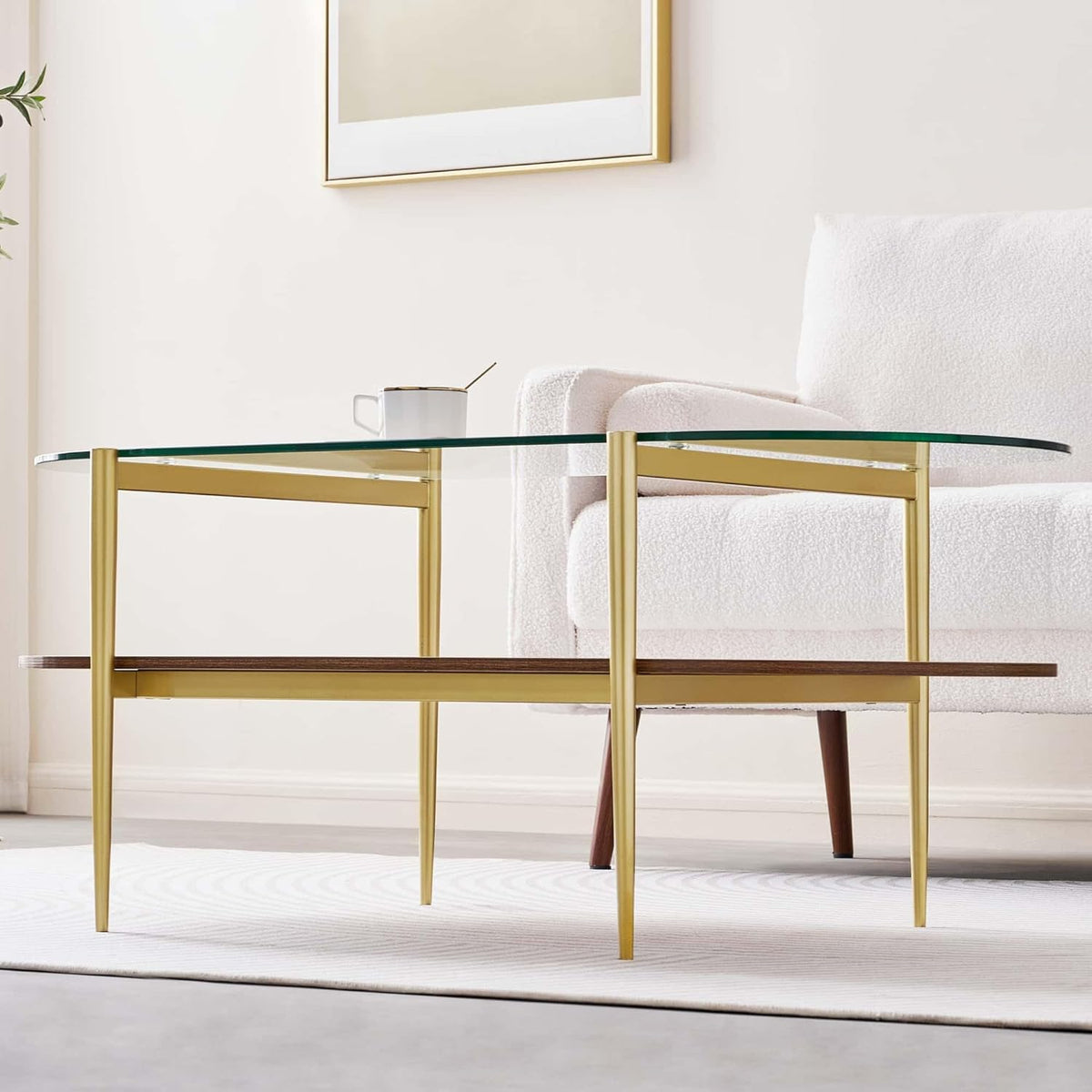 Oval Glass Coffee Table, Mid-Century Modern Design, L41 x W21 x H17 inch, for Living Room, 2-Tier