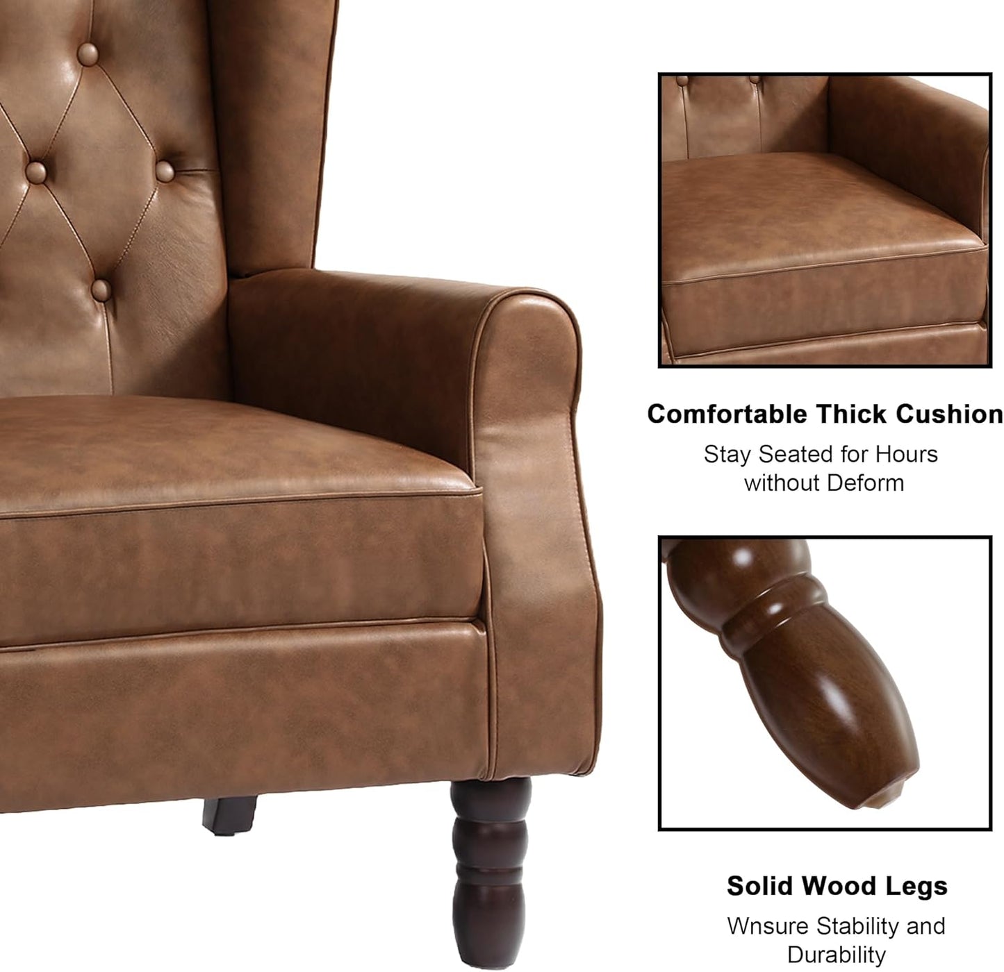 Accent Chair, Upholstered Armchair with Button Tufted High Back & Solid Wood Legs, Comfy Wingback