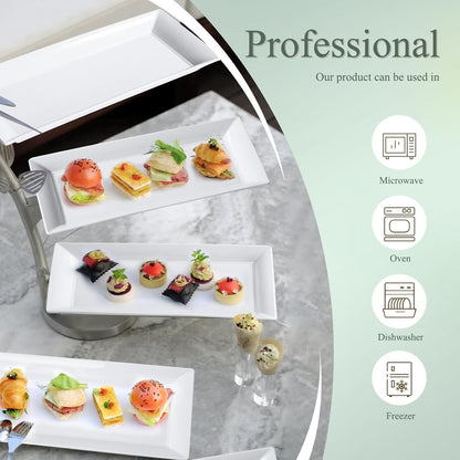 Rectangular Ceramic Serving Platters Set of 4, 14 inch Large Porcelain Serving Plates, White