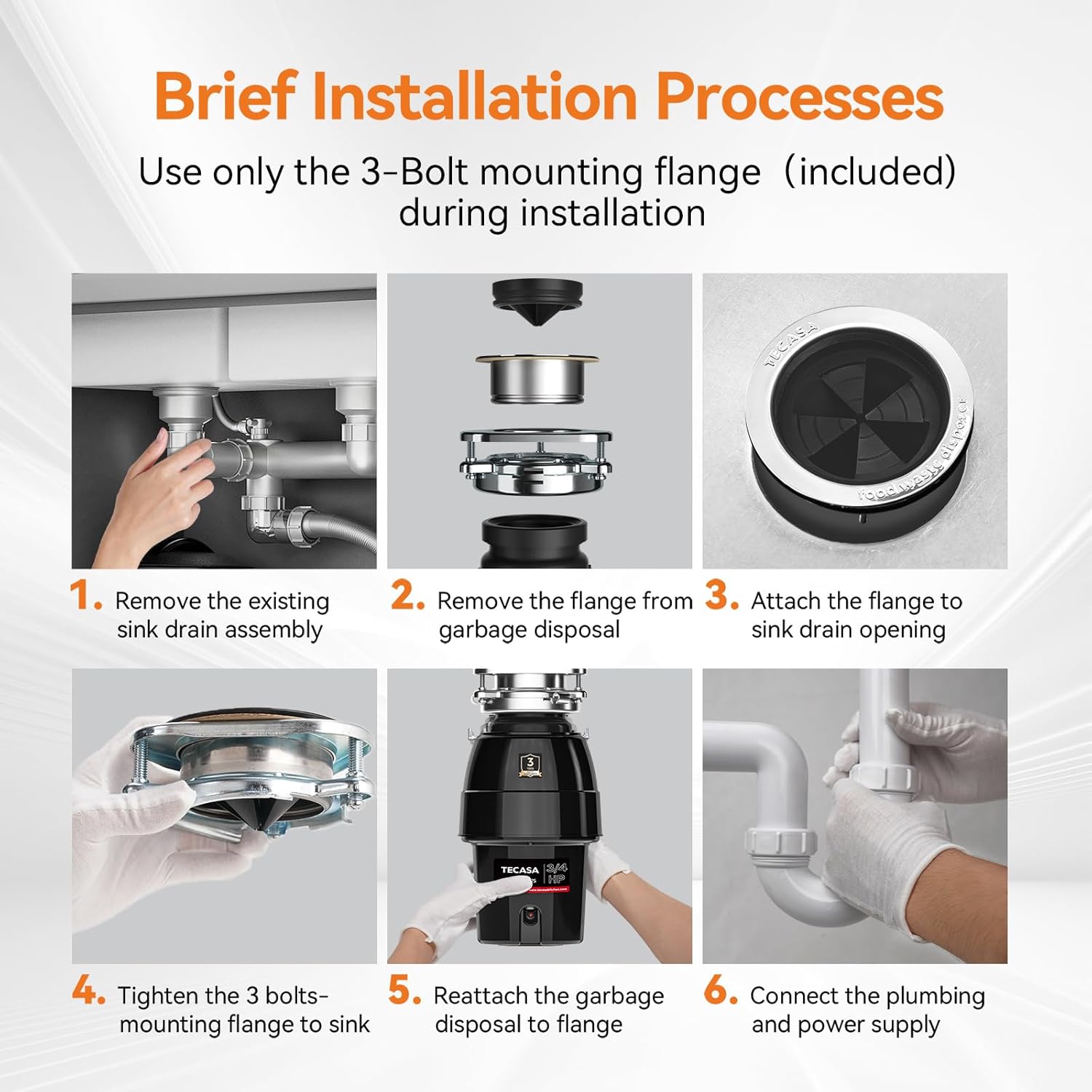 3/4 HP Garbage Disposal, TECASA Food Garbage Disposal with Power Cord, Stainless Steel Grinding