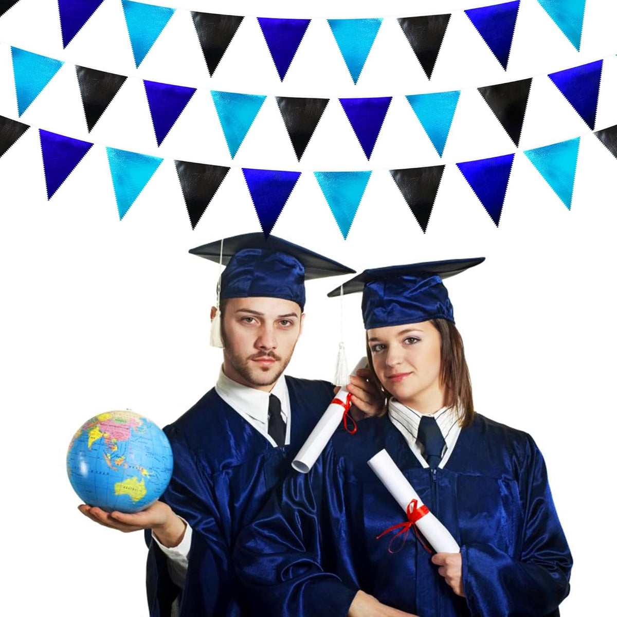 Black Blue Party Decorations Metallic Fabric Triangle Pennant Banner Flag Bunting Garland for Video