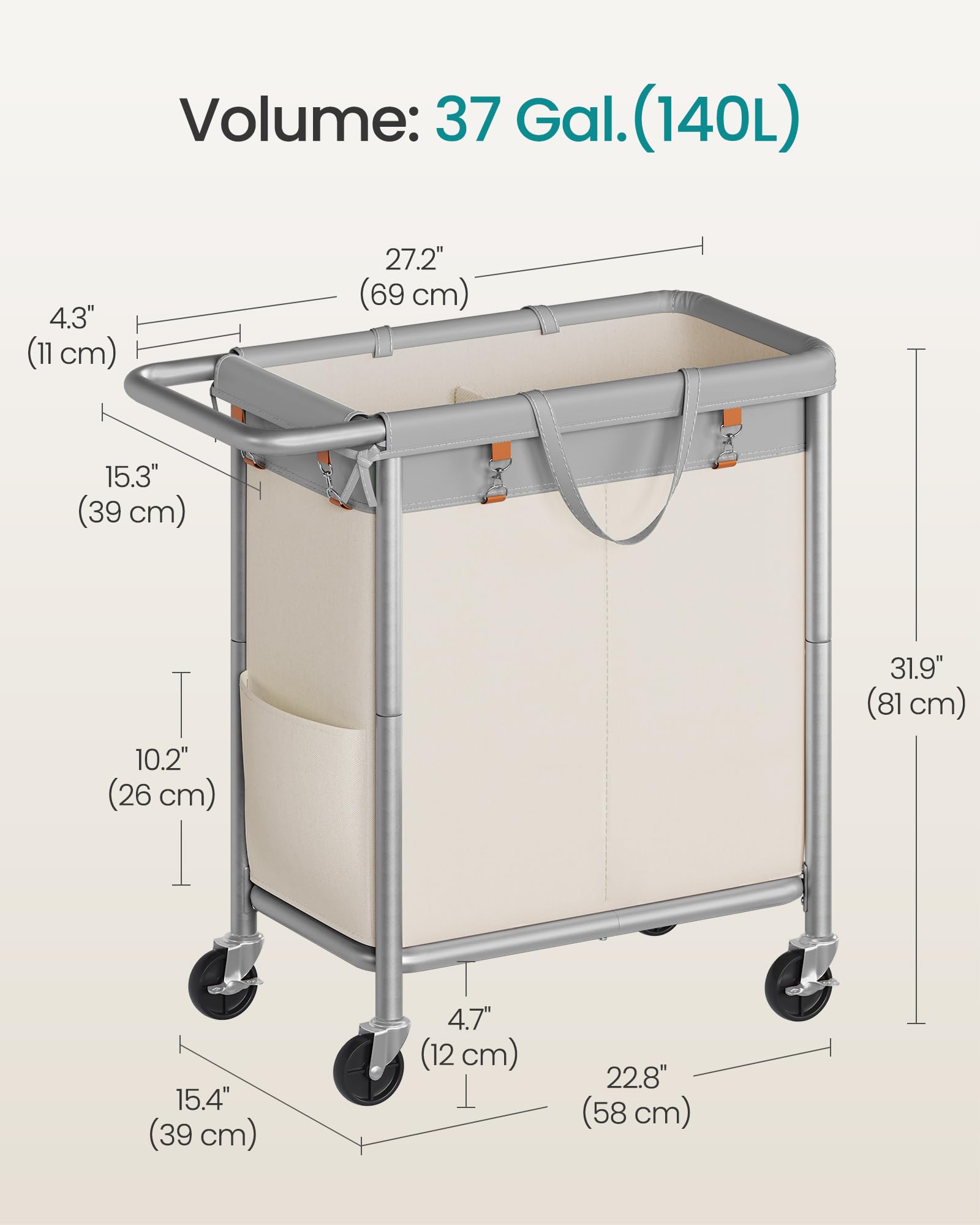 SONGMICS Laundry Basket with Wheels, 2-Section Rolling Laundry Hamper, 37 Gallons (140 L)