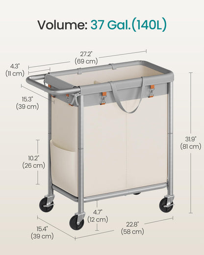 SONGMICS Laundry Basket with Wheels, 2-Section Rolling Laundry Hamper, 37 Gallons (140 L)