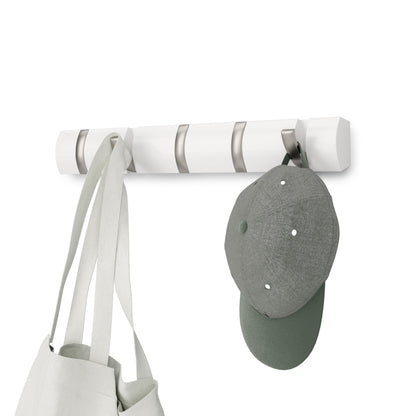 Umbra Flip Coat Rack, Wall Mounted 5-Hook Space Saving, White/Nickel
