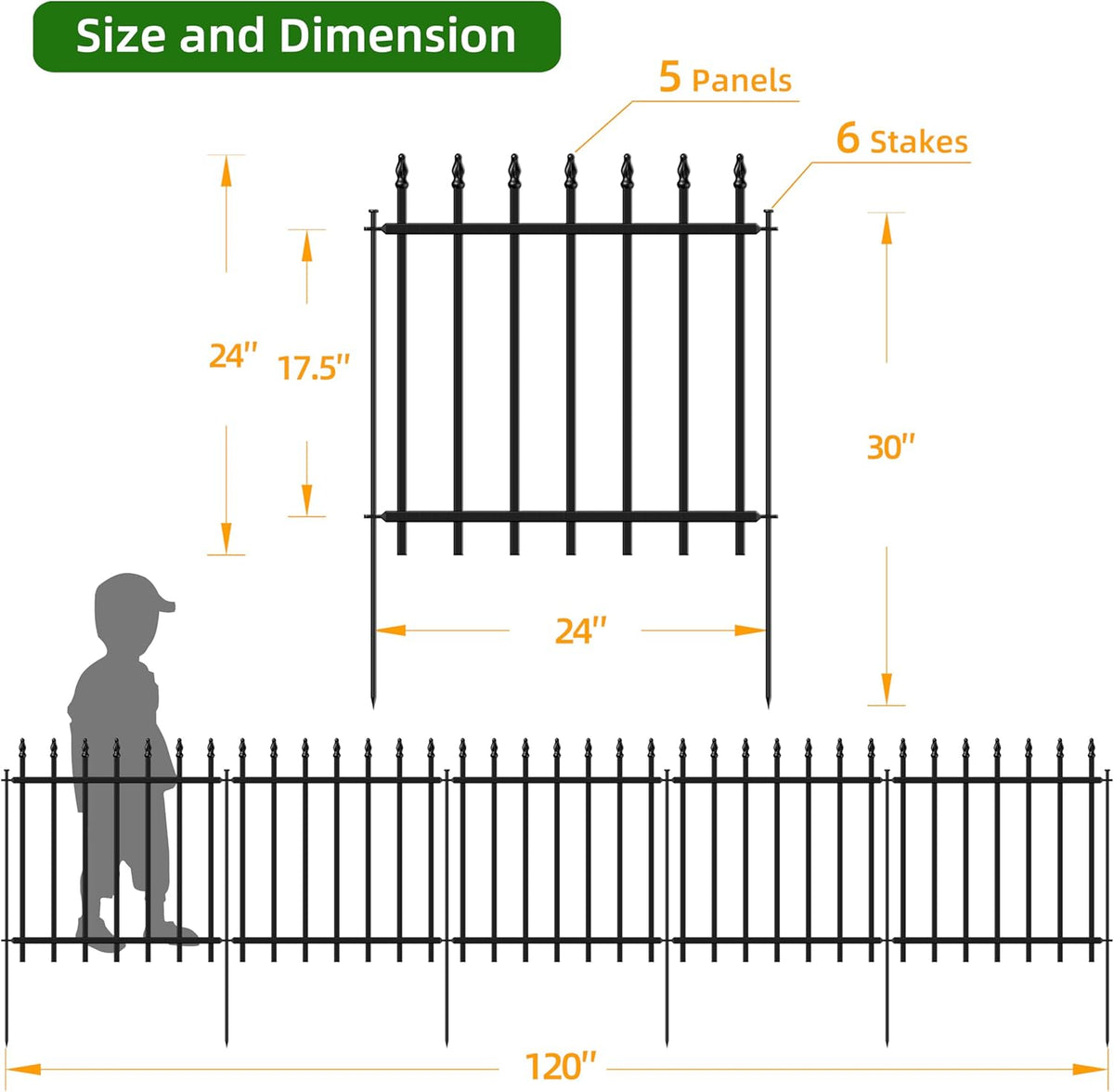 Decorative Metal Garden Fence 24 in H x 10 ft L, Border Fence Panels Animal Barrier for Dogs, No