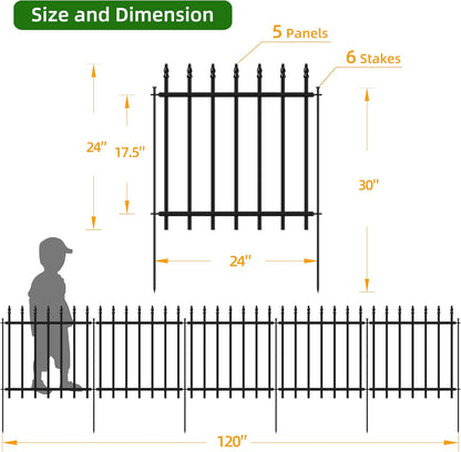 Decorative Metal Garden Fence 24 in H x 10 ft L, Border Fence Panels Animal Barrier for Dogs, No
