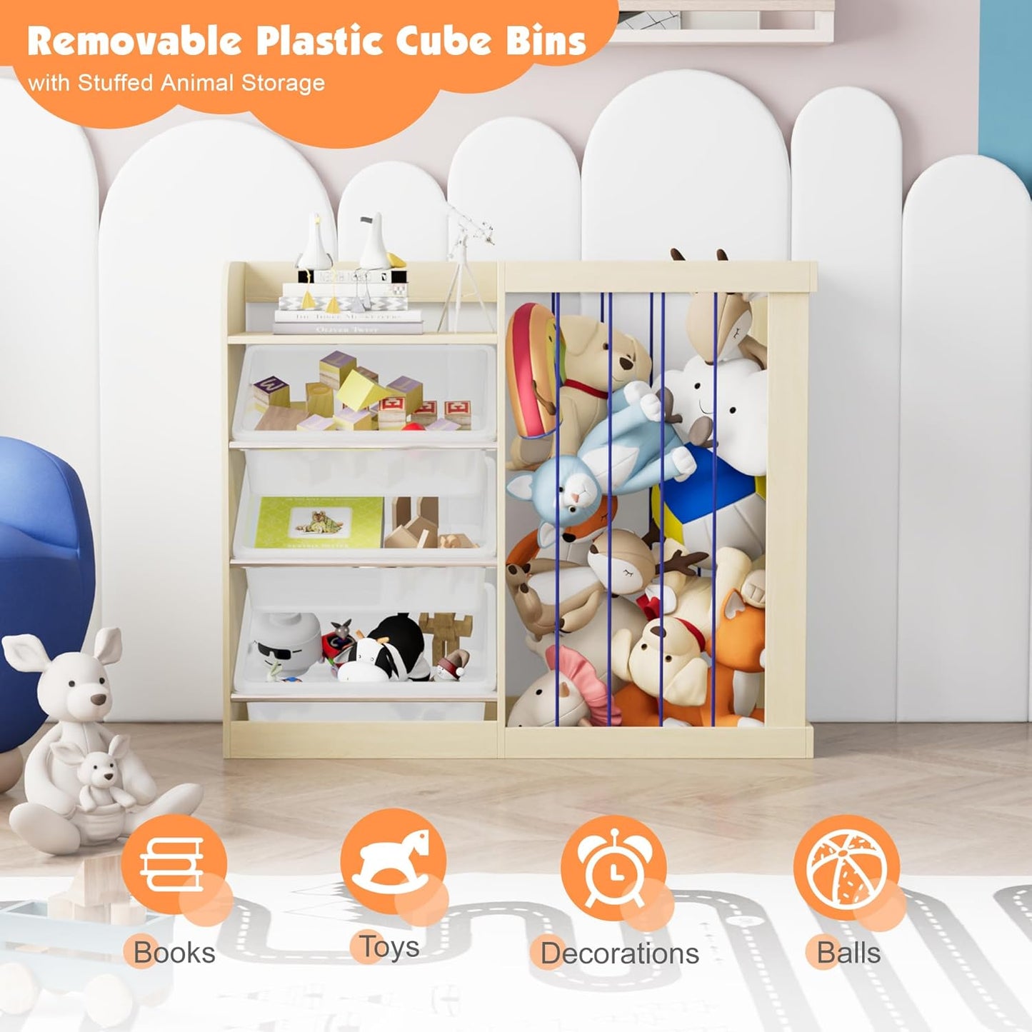 Kids Toy Storage Organizer with 3 Removable Plastic Bins Toddler Montessori Bookshelf with Stuffed