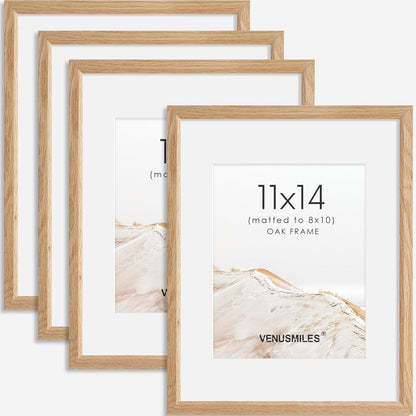 11x14 Picture Frame Set of 4 Natural Solid Oak Photo Frames with 8x10 Removable Mat Wall Hanging