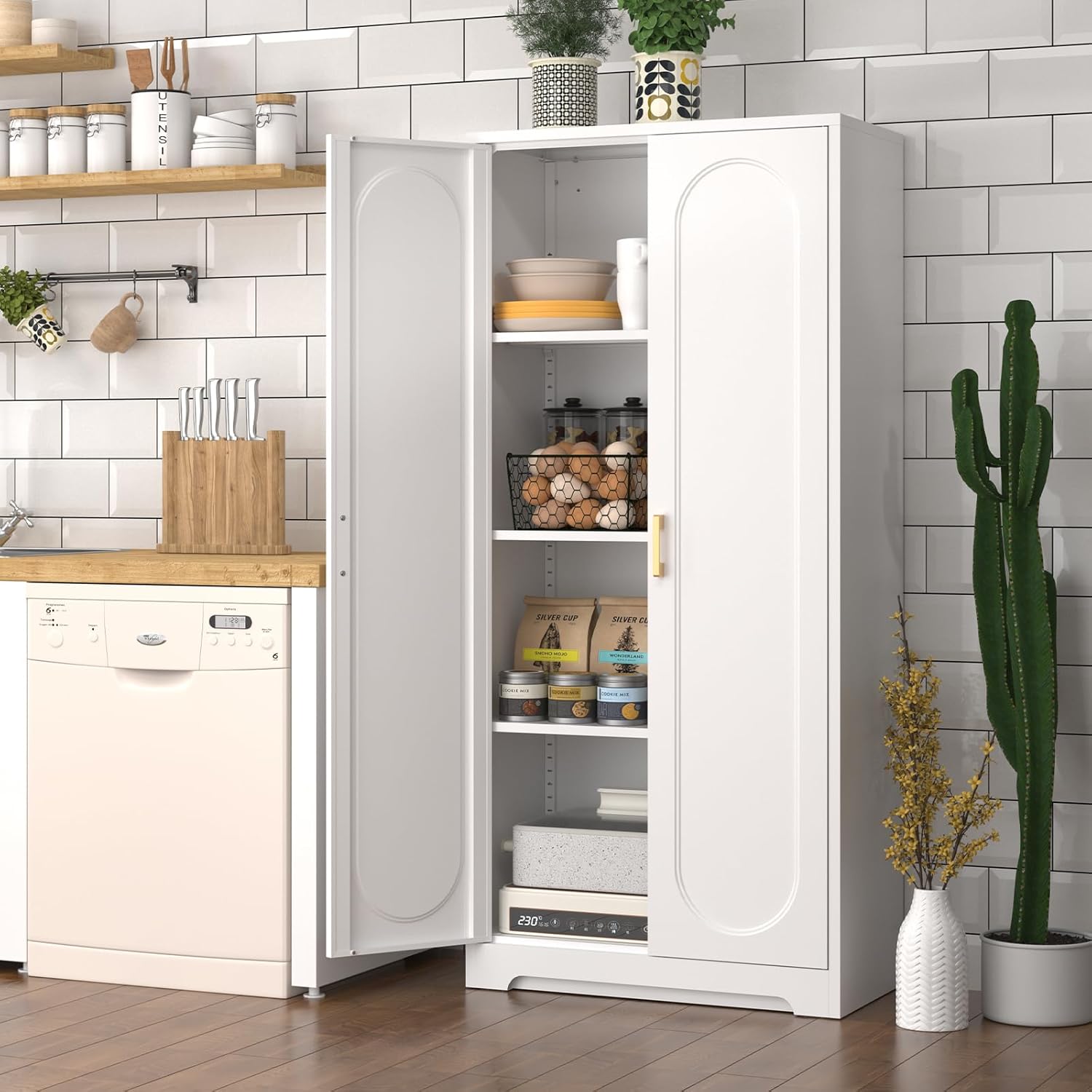 60" Tall Kitchen Pantry Cabinet, Metal Pantry Cabinet with Doors and Adjustable Shelves, White