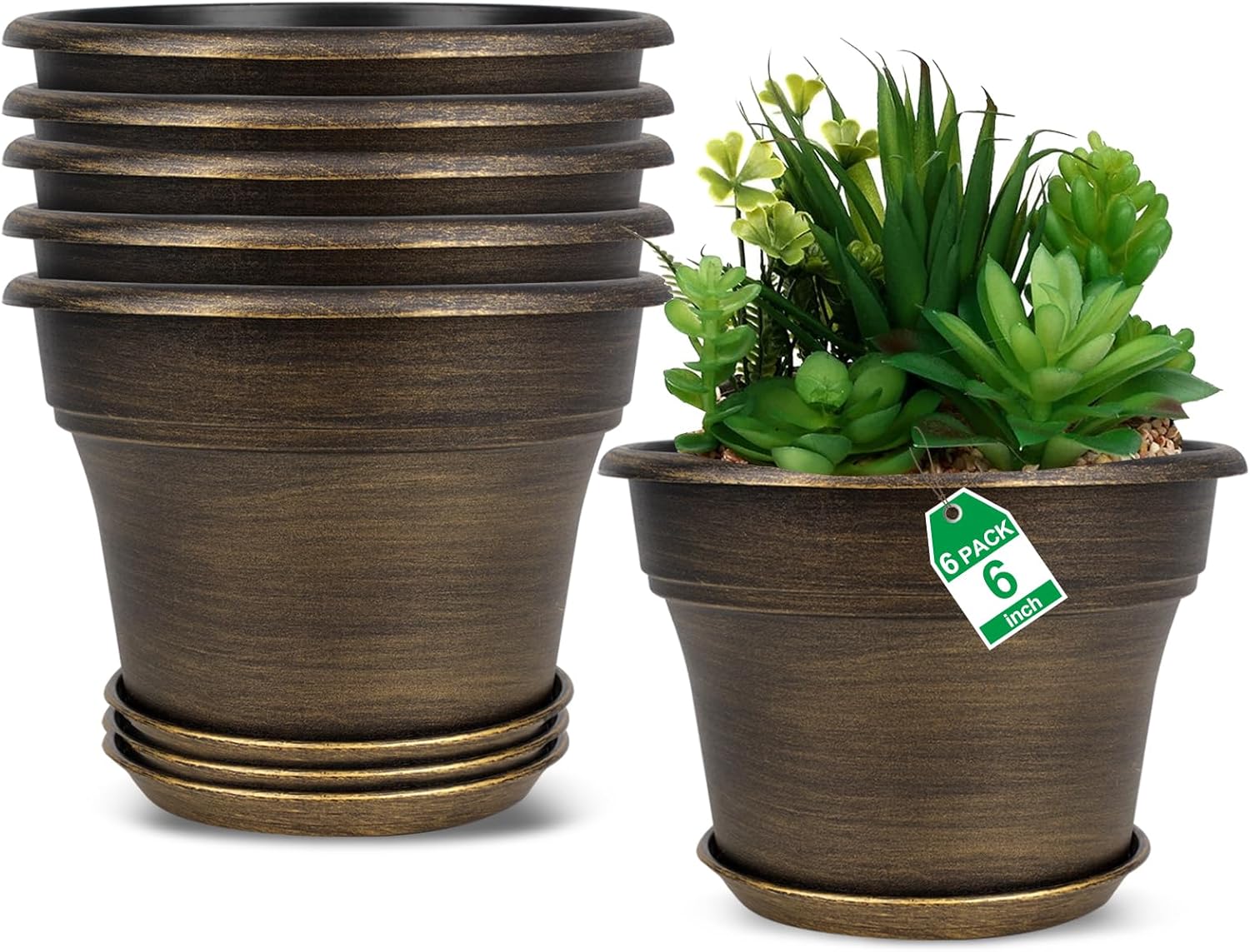 Plant Planters Pots Set of 6 Pack 6 Inch, Plastic Flower Pot for Indoor Plants with Drainage Holes