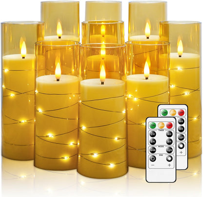 Flickering Flameless LED Candles,Battery Operated Candles 9 Pcs with Embedded Star String,Acrylic