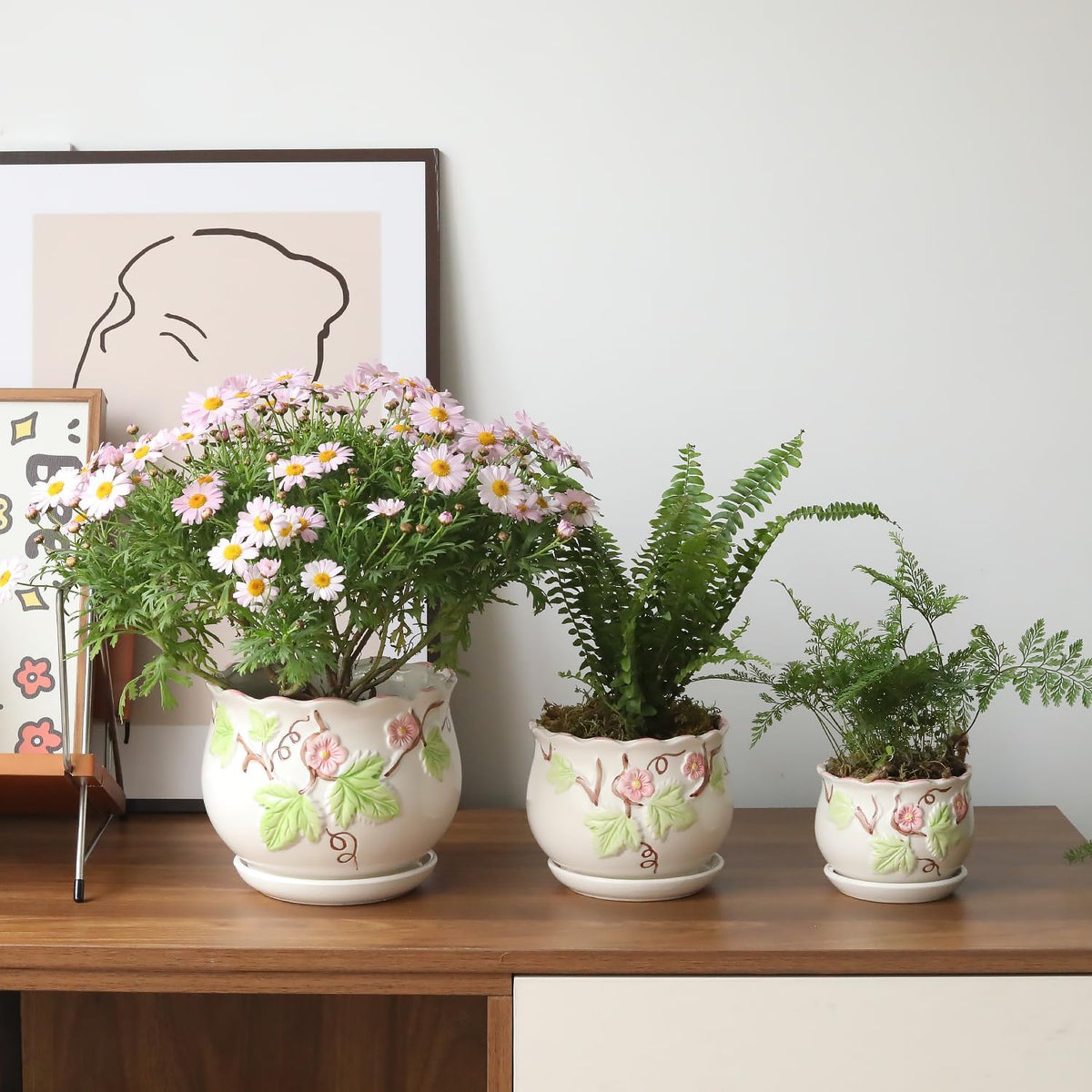 Ceramic Plant Pots with Drainage Holes and Saucers, Round Flower Pots for Indoor Plant, 3.9/5.2/6.7