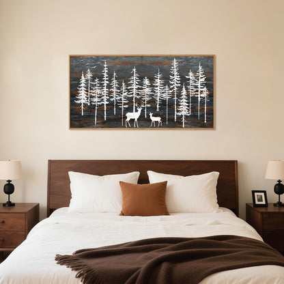 Modern White Forest Framed Canvas Wall Art Set, Minimalist Woodland Art Painting, Retro Tree