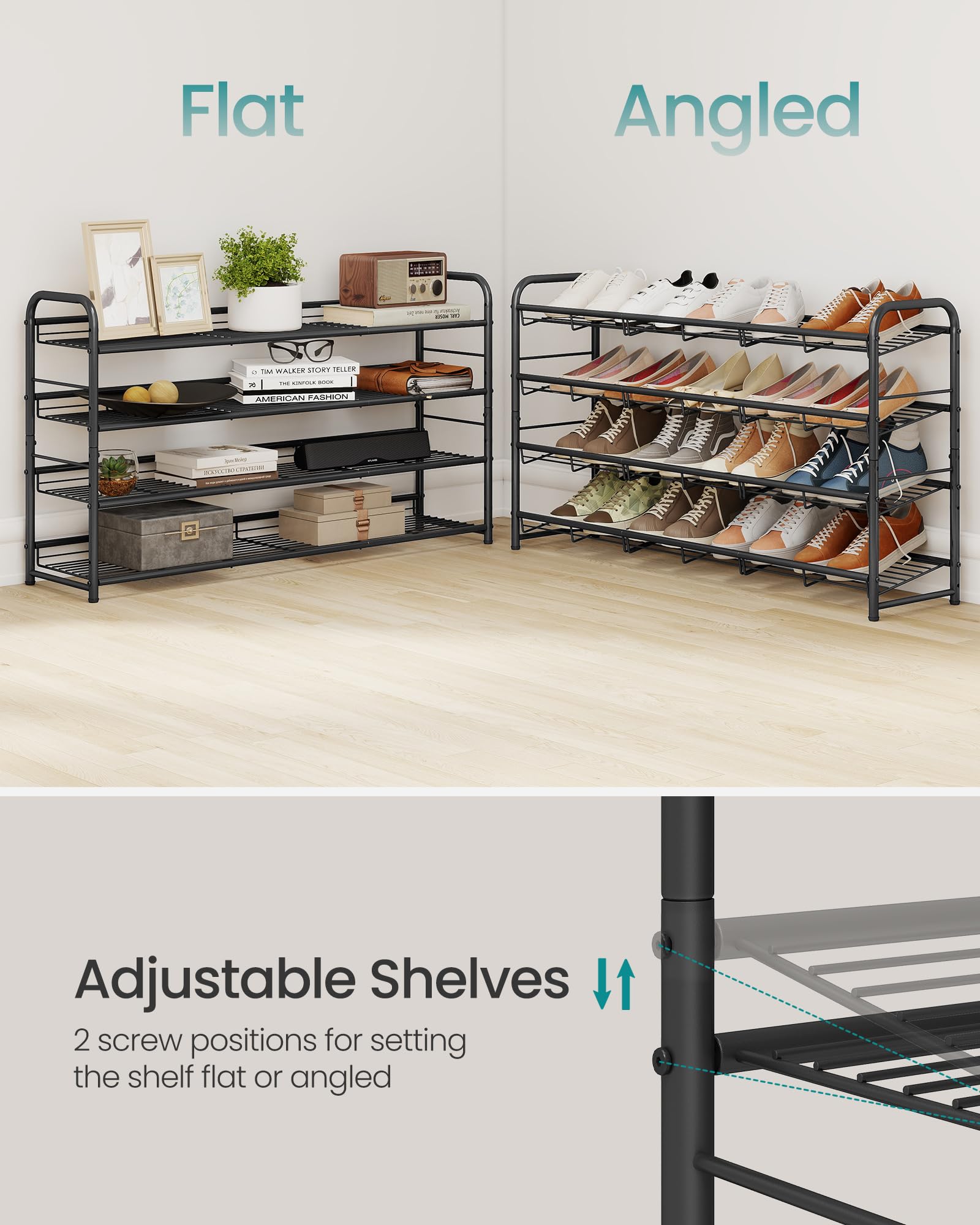 SONGMICS 4-Tier Long Stackable Metal Shoe Rack, Holds Up to 20 Pairs