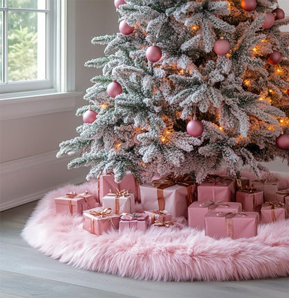 AOGU 60 Inch Faux Fur Christmas Tree Skirt Pink Plush Skirt for Merry Christmas Party Christmas