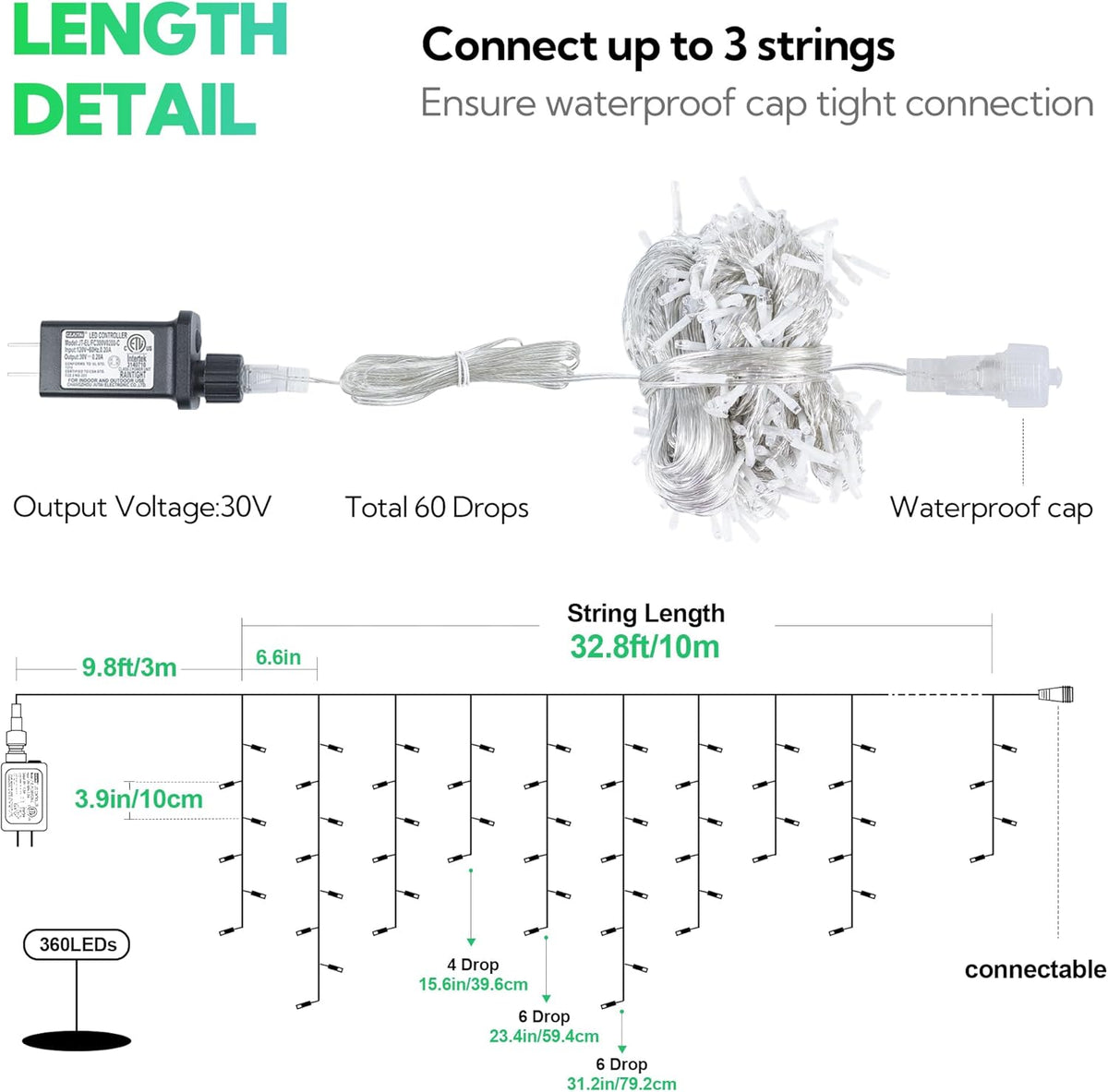 Hopolon 33FT 360L LED Christmas Icicle Lights Outdoor Waterproof,8 Modes Plug in Curtain String