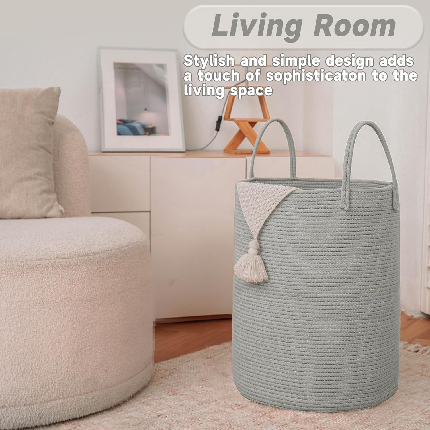 Large Woven Laundry Basket Hamper,100L Cotton Rope Storage Bin for Blankets,Toys and