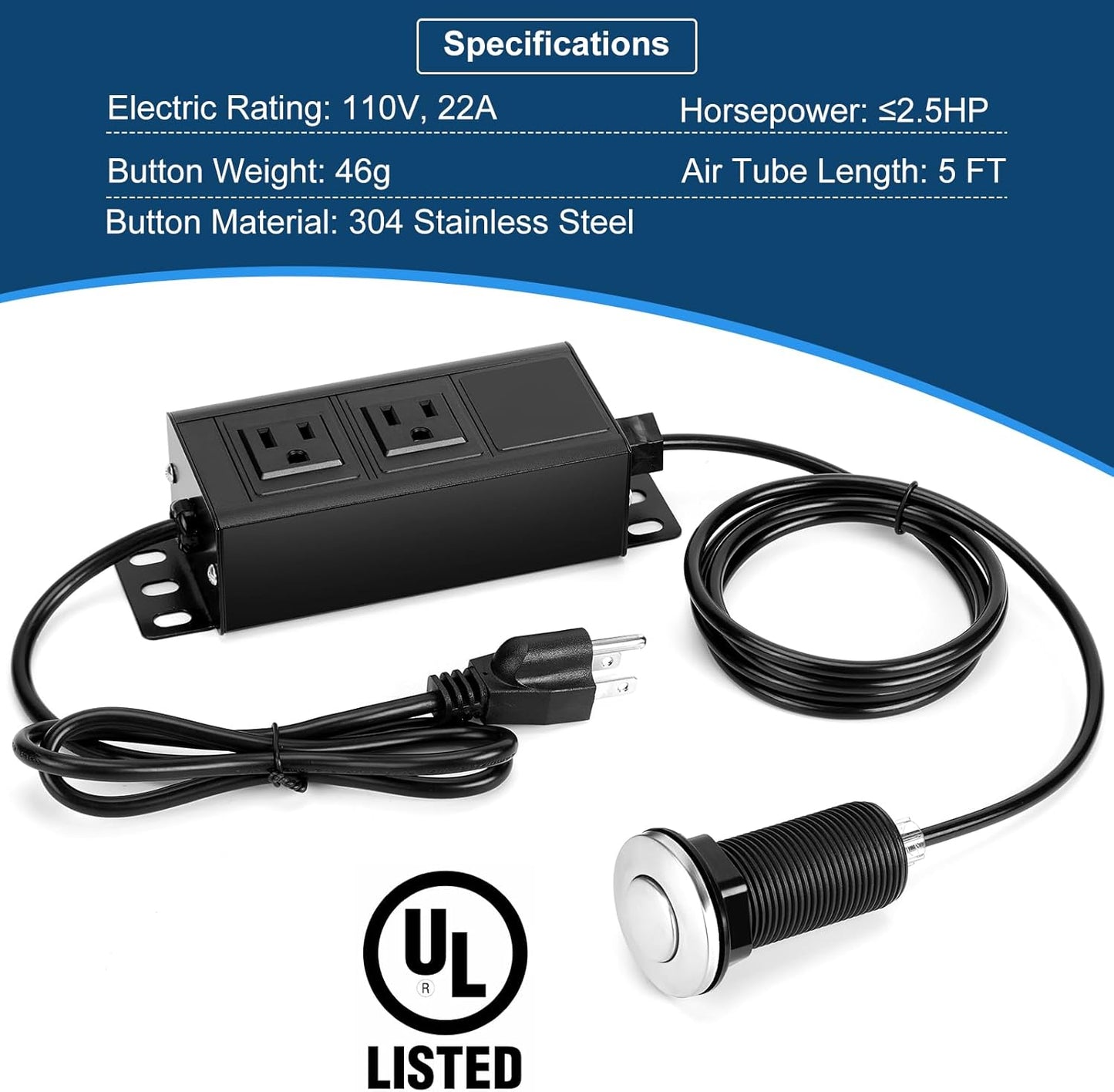 Dual Outlet Garbage Disposal Air Switch Kit, UL Listed Sink Top Air Switch for Food Waste Disposal