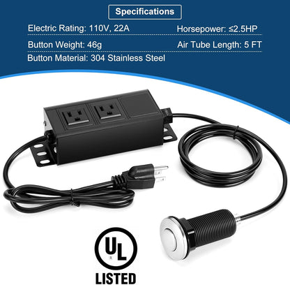 Dual Outlet Garbage Disposal Air Switch Kit, UL Listed Sink Top Air Switch for Food Waste Disposal
