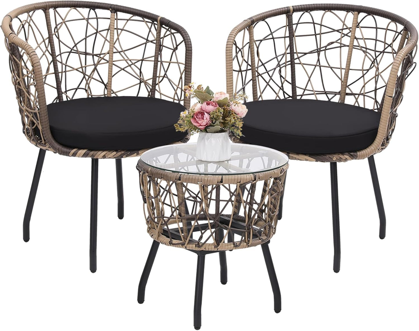 Kromax 3 Piece Bistro Set, Modern Outdoor Wicker Patio Furniture with Tempered Glass Table Top and