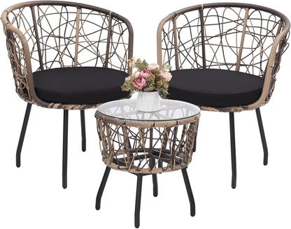 Kromax 3 Piece Bistro Set, Modern Outdoor Wicker Patio Furniture with Tempered Glass Table Top and