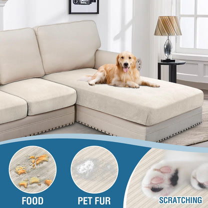 H.VERSAILTEX Velvet Stretch Sectional Couch Covers 3 Pieces, L Shape, Ivory Striped (Large Sofa 2