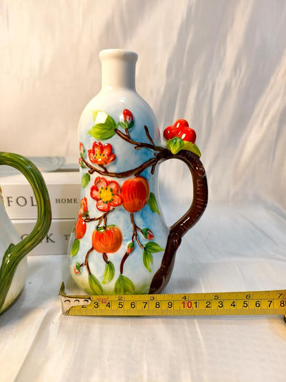 18 Oz Hand Painted Relief Ceramic Olive Oil Bottle Dispenser for Kitchen, Oil and Vinegar Bottle