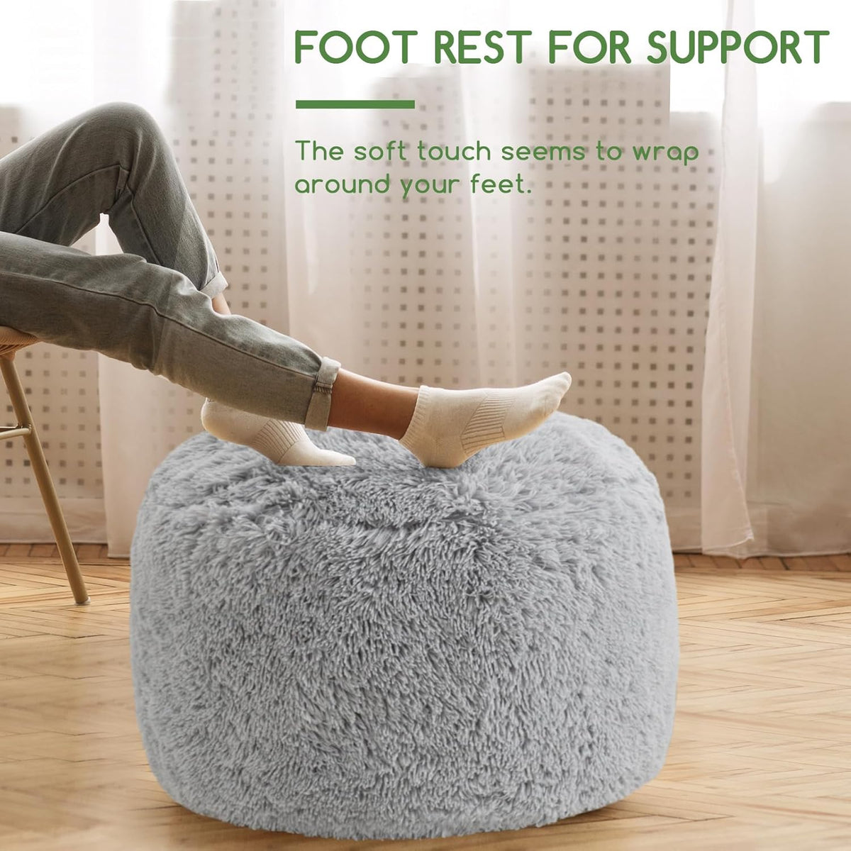 HIGOGOGO Round Stuffed Pouf Ottoman, Long Faux Fur Poufs with Foam Chunk Filling, Fluffy and Furry