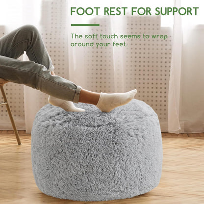HIGOGOGO Round Stuffed Pouf Ottoman, Long Faux Fur Poufs with Foam Chunk Filling, Fluffy and Furry