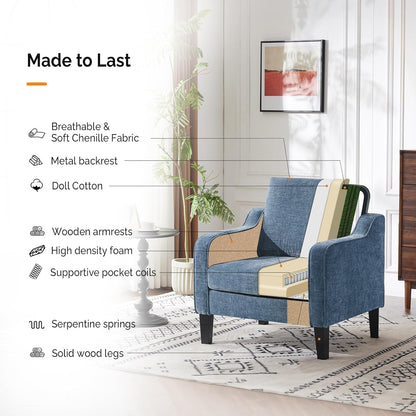 VINGLI Mid Century Modern Accent Chair Set of 2,Navy Blue Chenille Chairs for Living Room