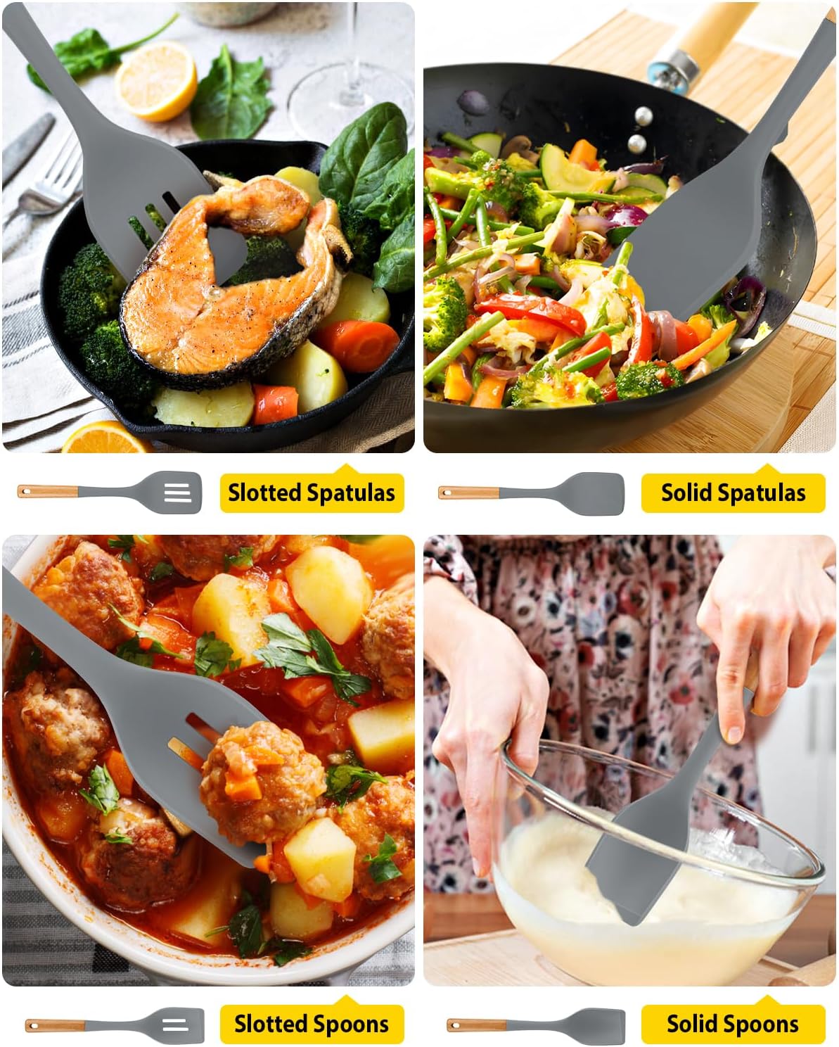 Pack of 4 Silicone Kitchen Utensils Set, Non Stick Solid Spatulas and Heat Resistant Slotted Spoons