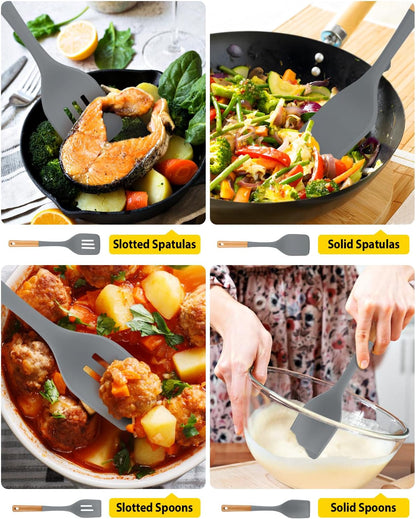 Pack of 4 Silicone Kitchen Utensils Set, Non Stick Solid Spatulas and Heat Resistant Slotted Spoons