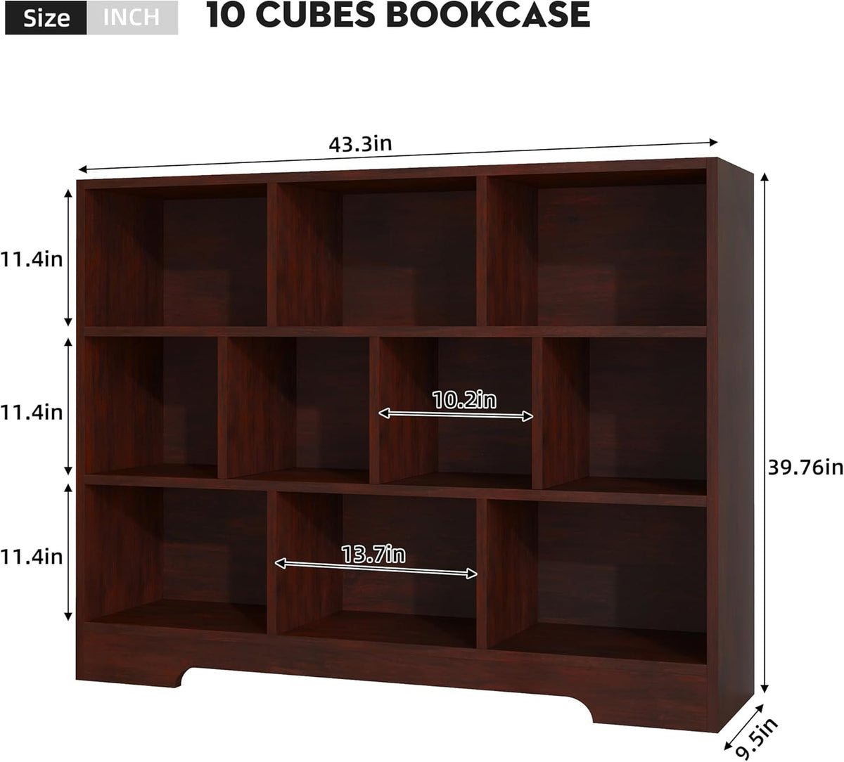 Book Shelf, 10 Cubes Storage Organizer, 3-Tier Open Shelf Wooden Bookcase, Freestanding Cherry