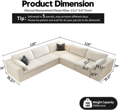 118" Cloud Couch Oversized Modular Sectional Sofa for Living Room,Modern Sofa with Deep Seat，V