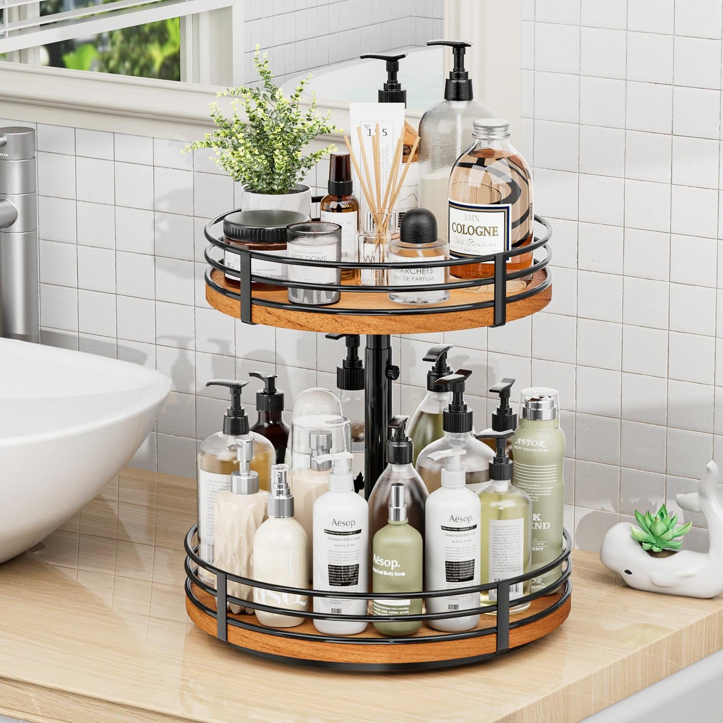 Lazy Susan Turntable Organizer Adjustable - 2 Tier Wood Rotating Spice Rack 12 Inch Lazy Susan for