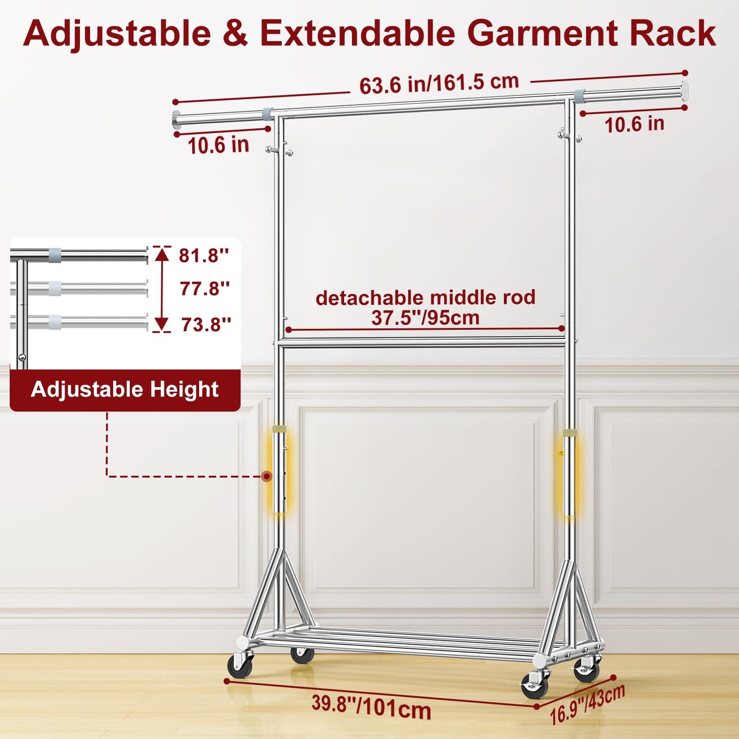 Steel Heavy Duty Tall Clothes Rack Load 860LBS, 73-81"H x 17"D x 42-63"W, Adjustable Two Tier
