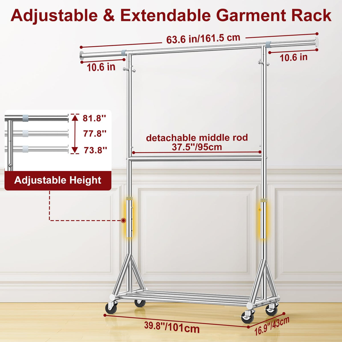 Steel Heavy Duty Tall Clothes Rack Load 860LBS, 73-81"H x 17"D x 42-63"W, Adjustable Two Tier