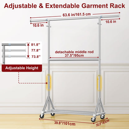 Steel Heavy Duty Tall Clothes Rack Load 860LBS, 73-81"H x 17"D x 42-63"W, Adjustable Two Tier