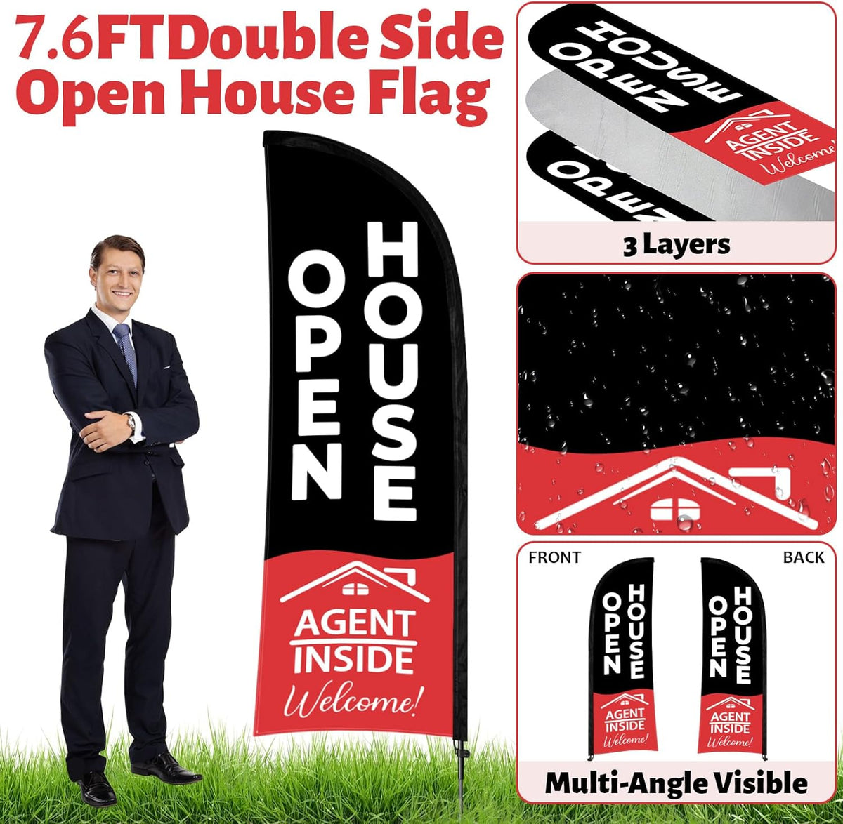 44 Pcs Open House Signs for Real Estate, Double Sided Open House Flag Kit, 7.6 x 5.4 Ft Black