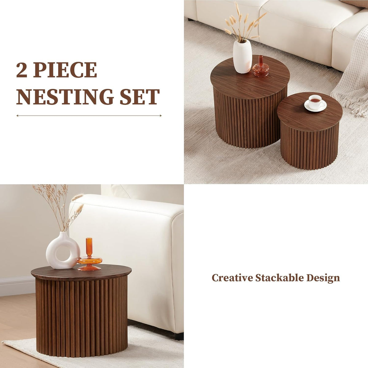 Small Fluted Round Nesting Coffee Table Set of 2, Mid Century Modern Coffee Table Circle Side