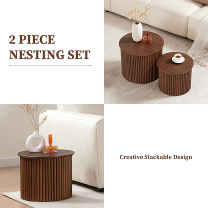 Small Fluted Round Nesting Coffee Table Set of 2, Mid Century Modern Coffee Table Circle Side
