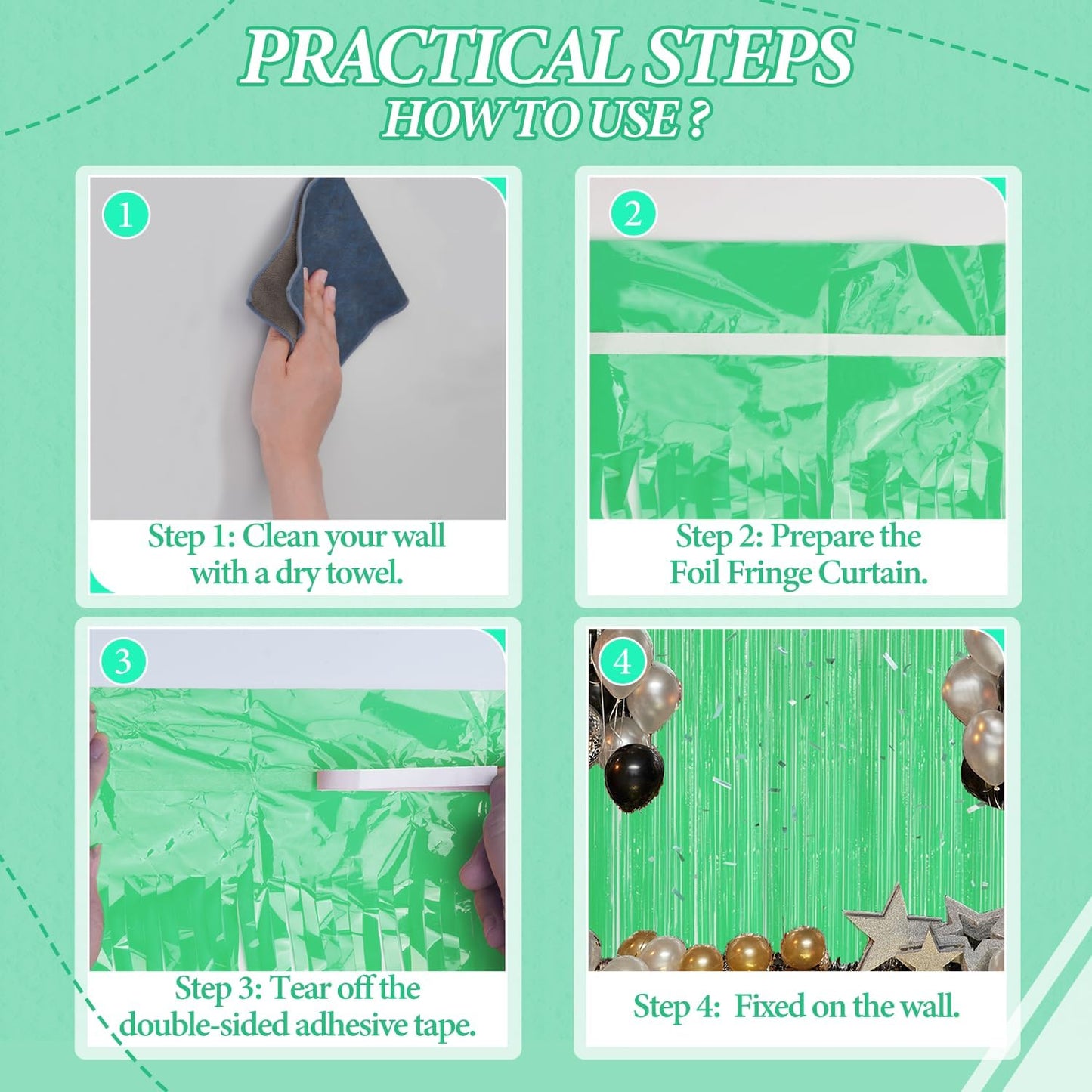 3 Pack Foil Fringe Backdrop - Pastel Light Green Shiny Tinsel Curtains for Party Decoration/Photo