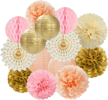 Pink Peach Gold Party Decorations - 14pcs Bridal Baby Shower Girls Birthday Paper Lanterns