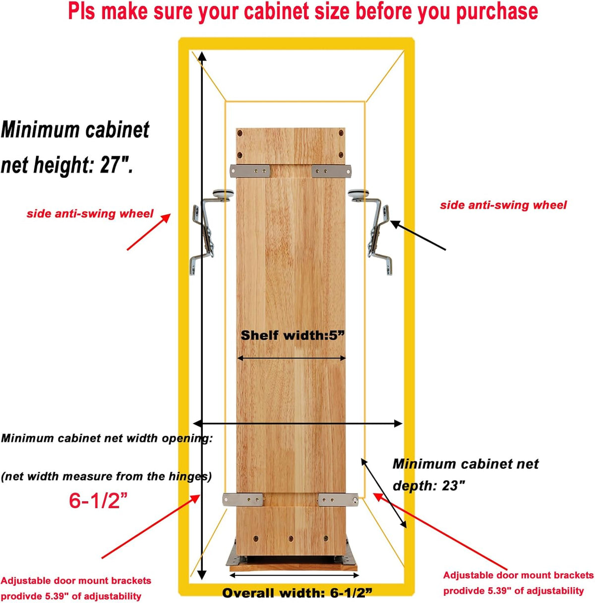 DINDON Pull Out Spice Rack Organizer for Cabinet, (5" W x 21.9" D x 25.2" H) Multi-Use Wood Pull